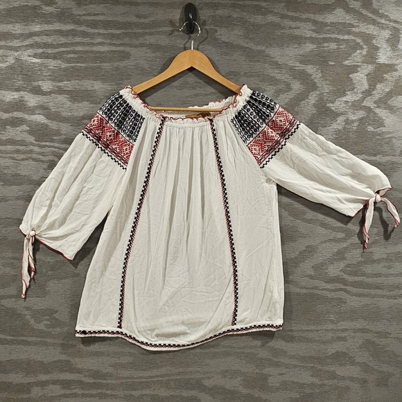 Wrangler SZ M Gypsy Boho Hippie Peasant Embroidered Elastic Boat Neck Blouse - Picture 1 of 10